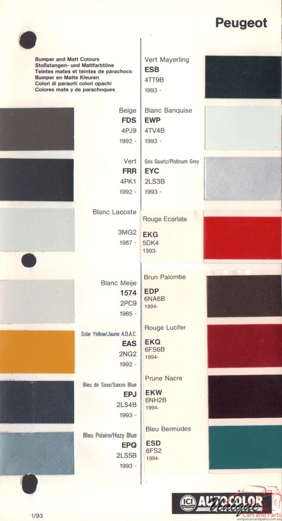 1992-1995 Peugeot Paint Charts Autocolor 1